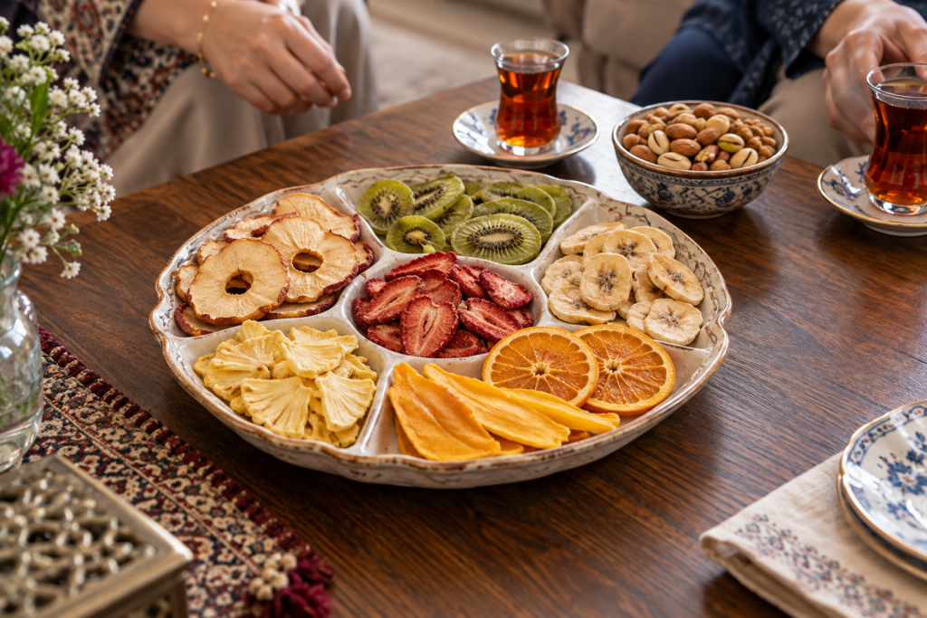 چیدمان میوه خشک برای پذیرایی در ظرف تقسیم‌بندی‌شده کنار چای