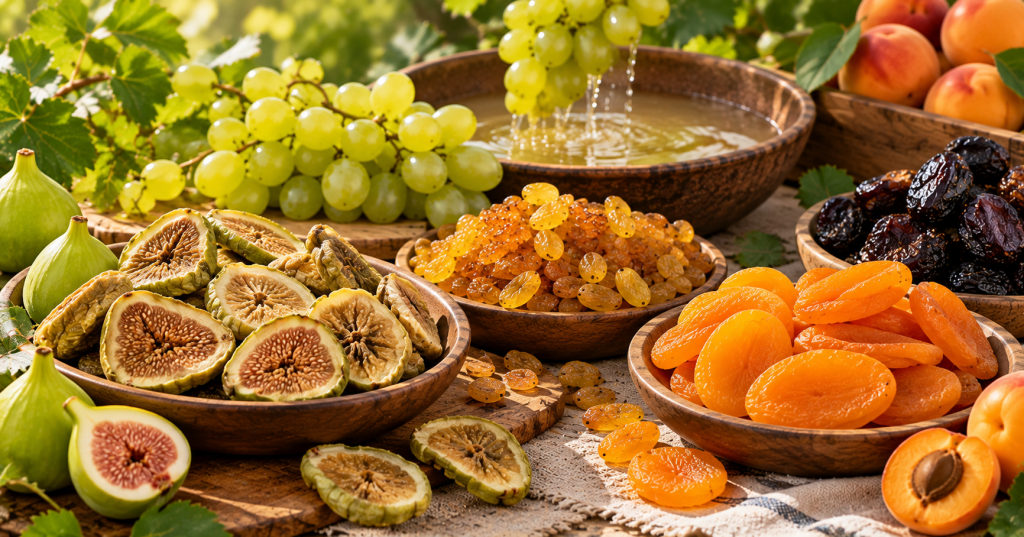 تیزاب چیست؛ تصویر مفهومی پیش‌تیمار انگور در کنار انجیر سبز، کشمش و زردآلو خشک